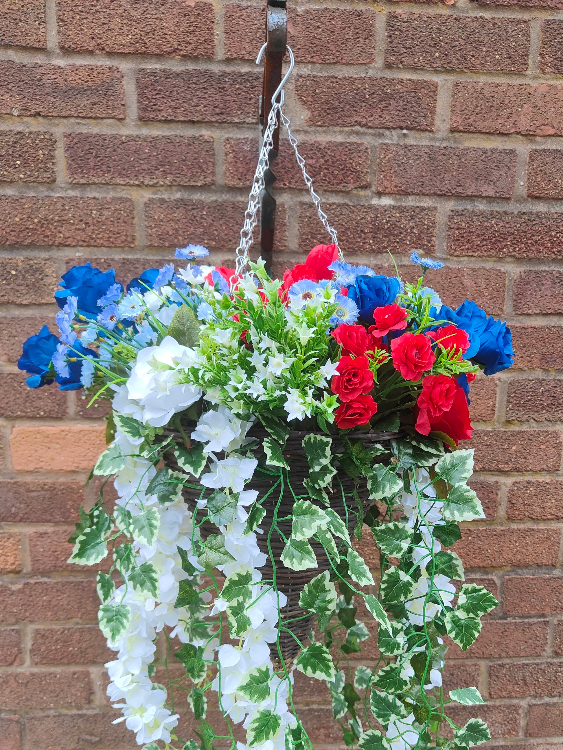 Red white blue faux flower hanging basket 4th July memorial day