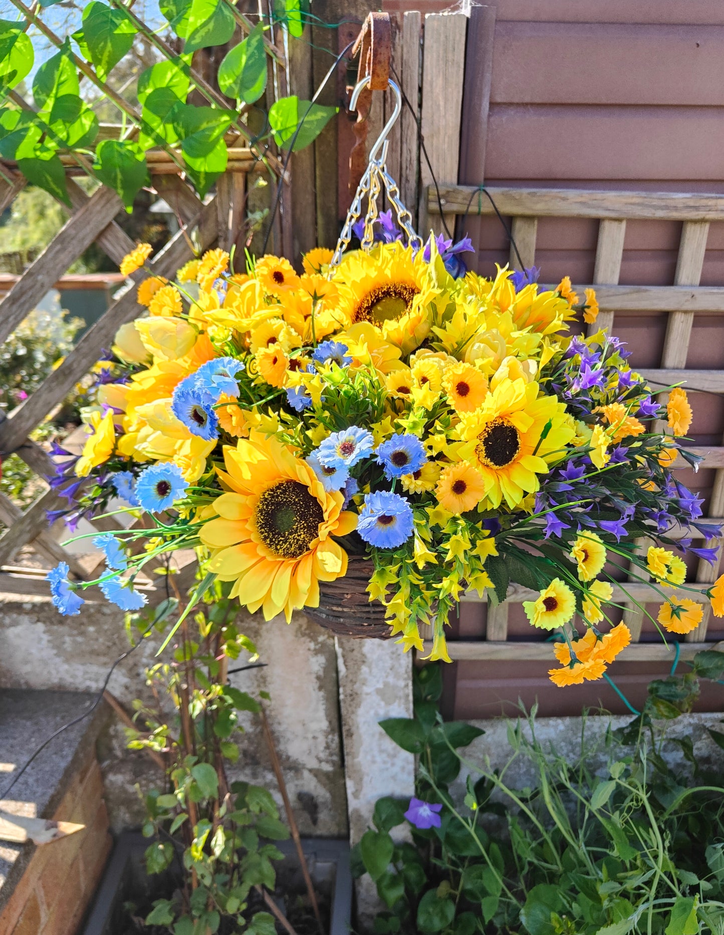 Yellow sunflower artificial flower hanging basket purple blue faux flowers garden outdoor 