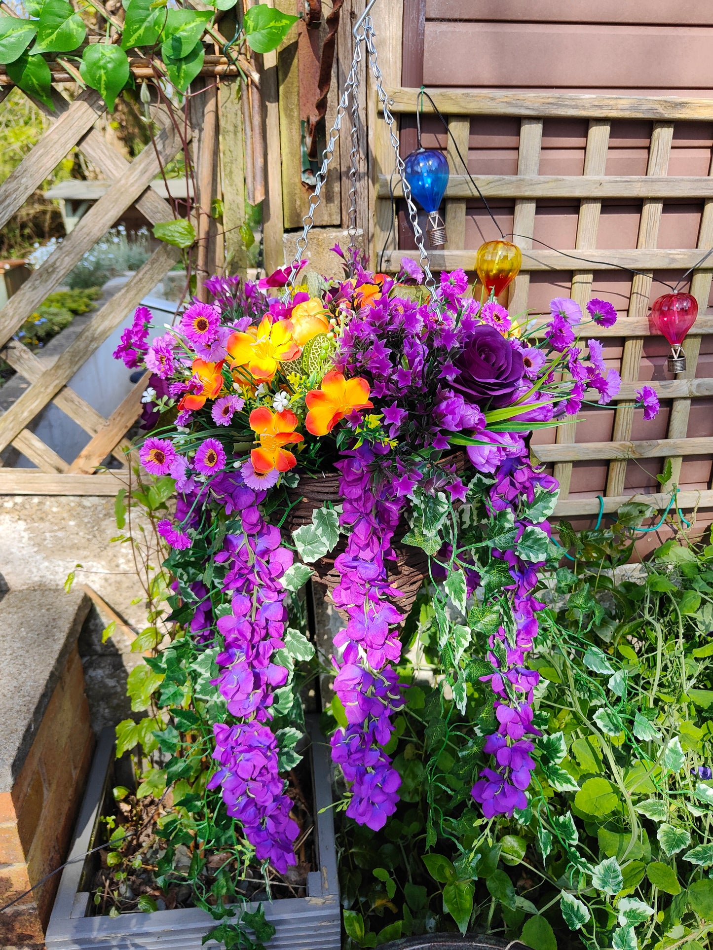 Purple orange artificial flower hanging basket garden outdoor faux flowers 
