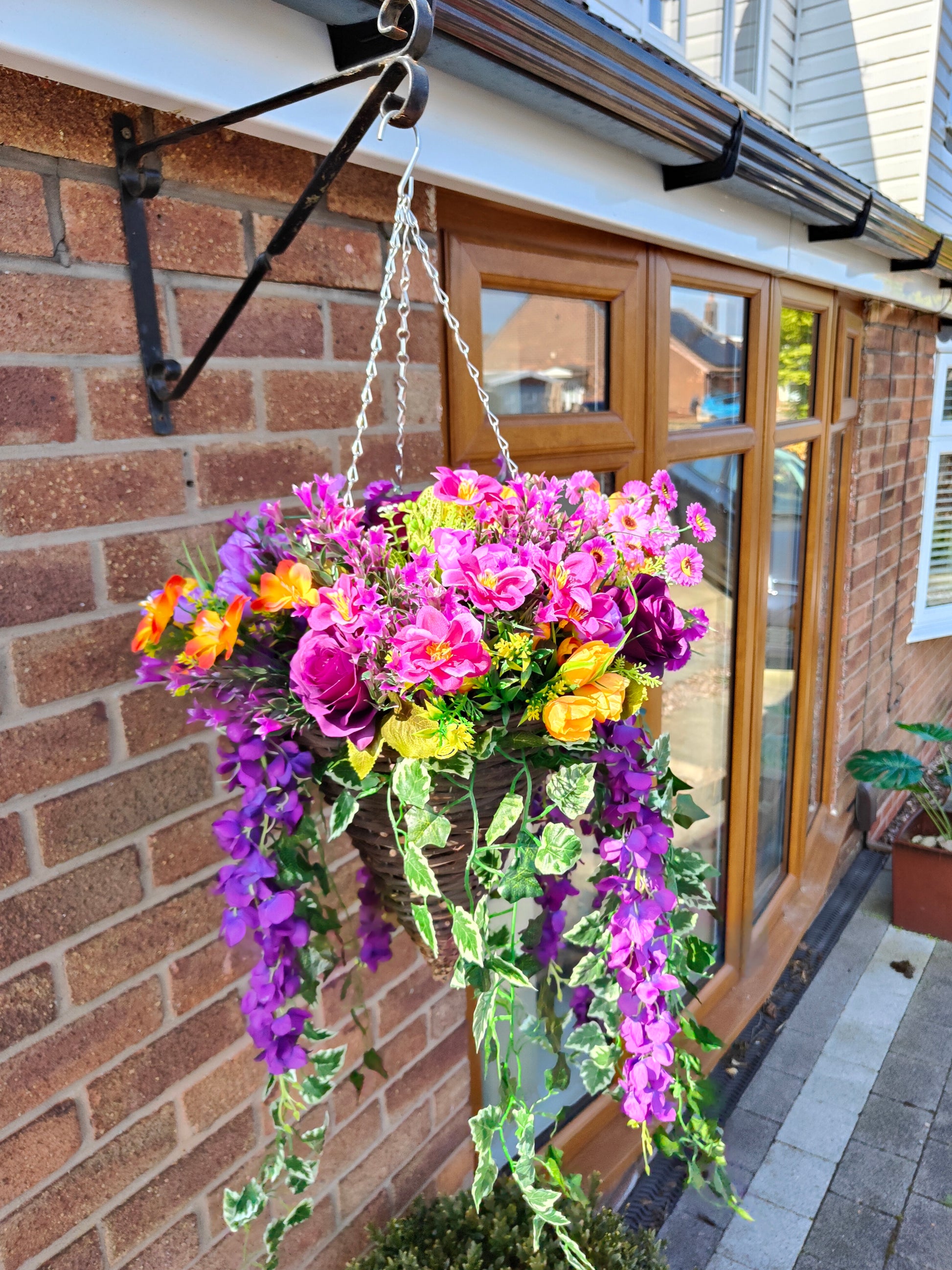 Purple orange artificial flower hanging basket tropical garden outdoor 