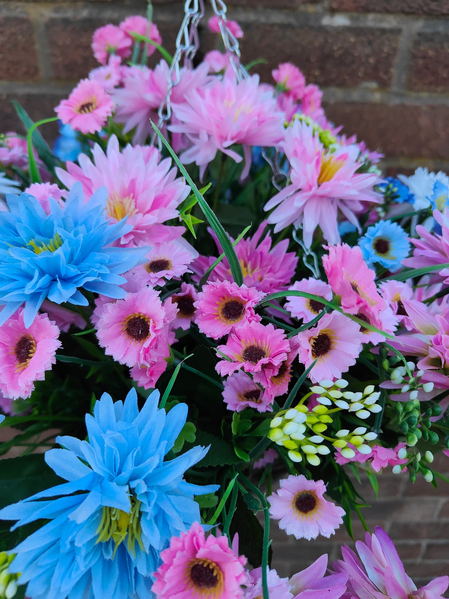 Pink blue white artificial flower hanging basket outdoor garden cottrgecore 