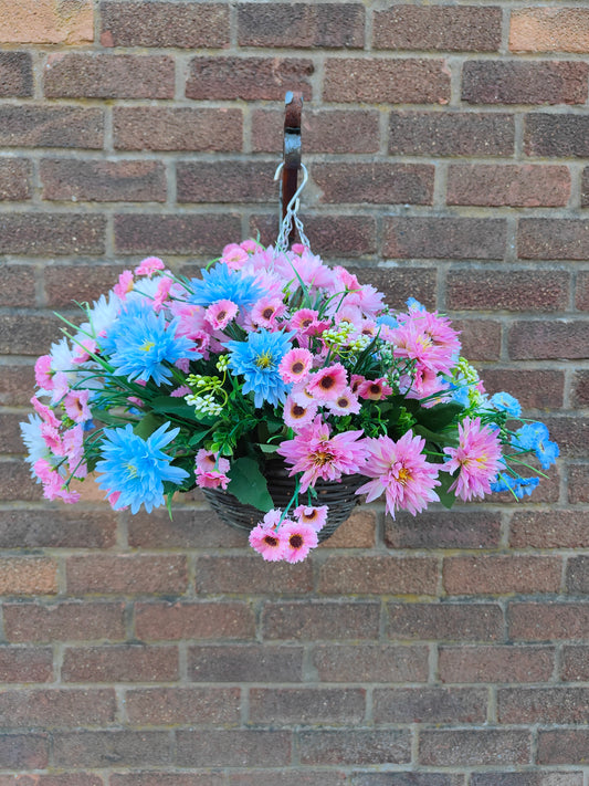Pink blue white artificial flower hanging basket outdoor garden pub restaurant pastel 