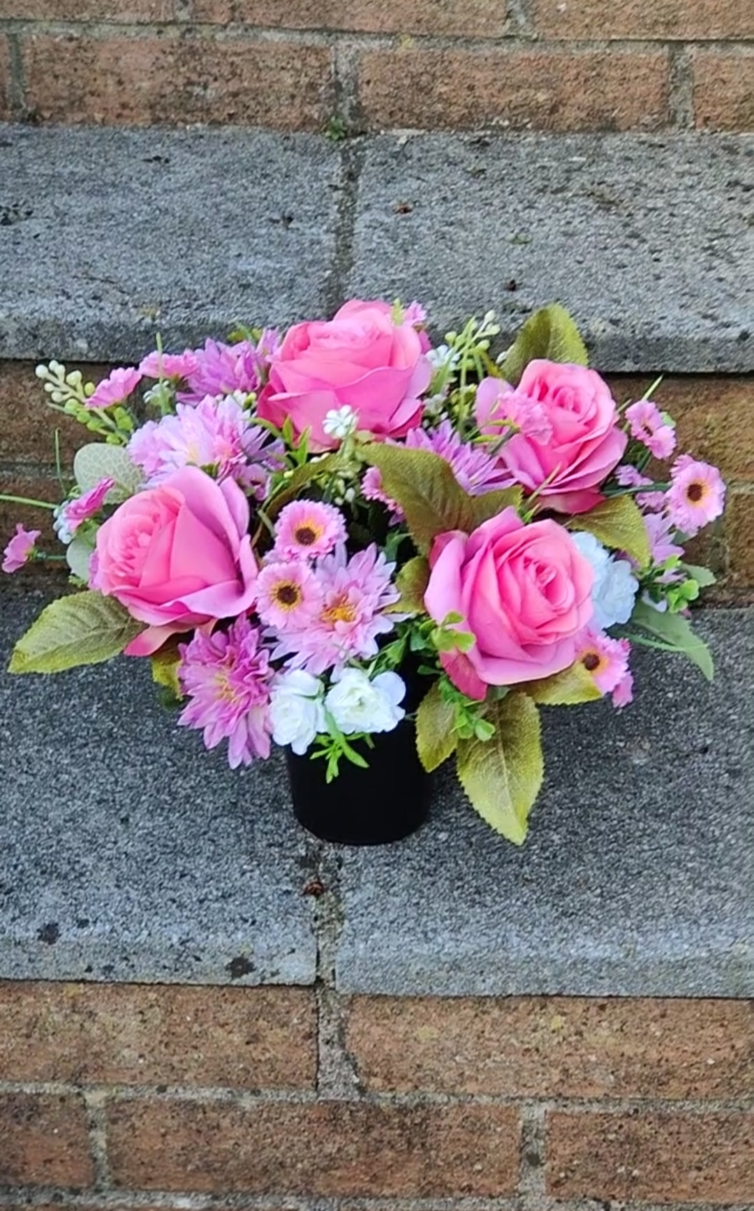 Pink Artificial Flower Grave Pot Free P&P