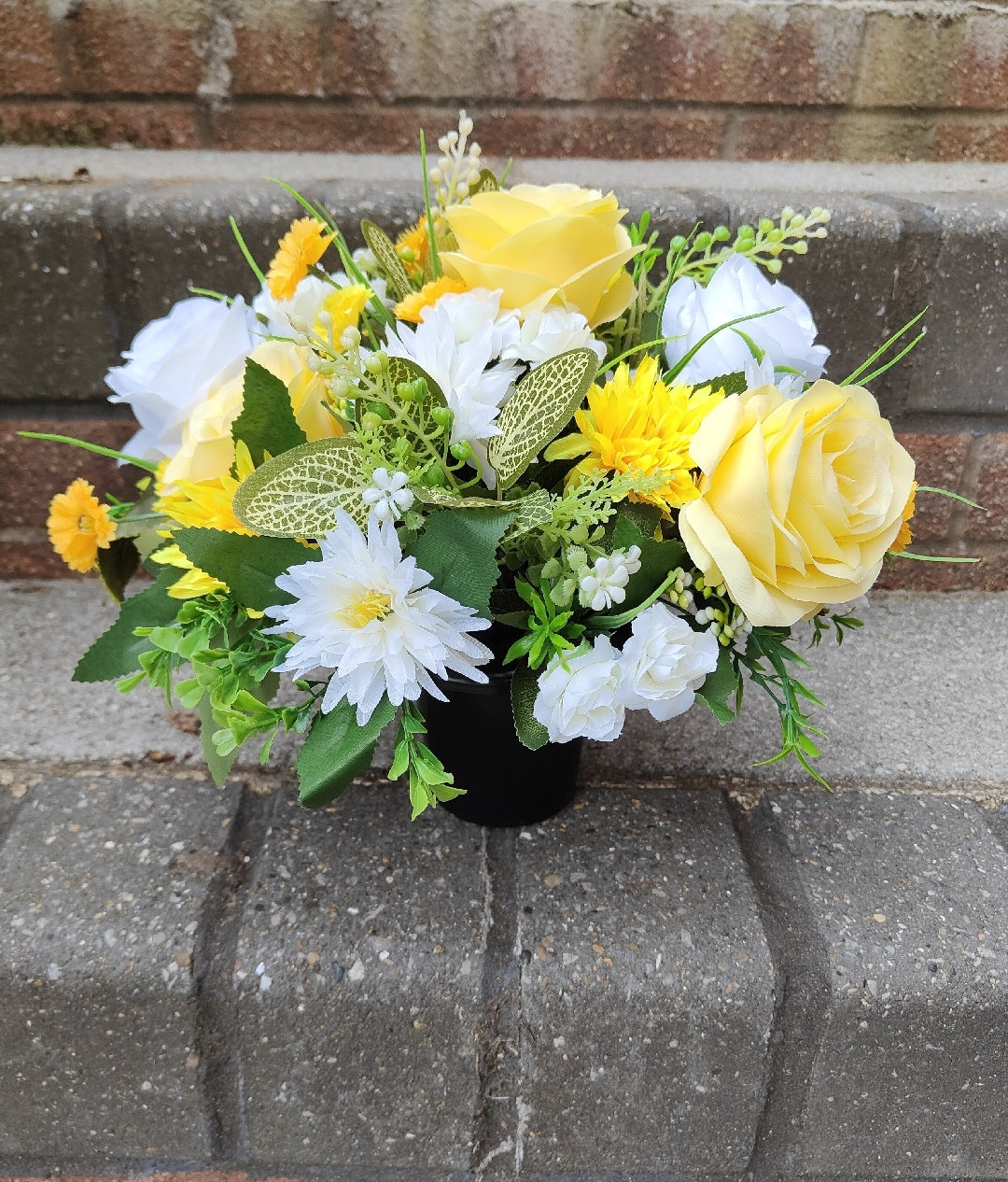 Yellow Artificial Flower Grave Pot Free P&P