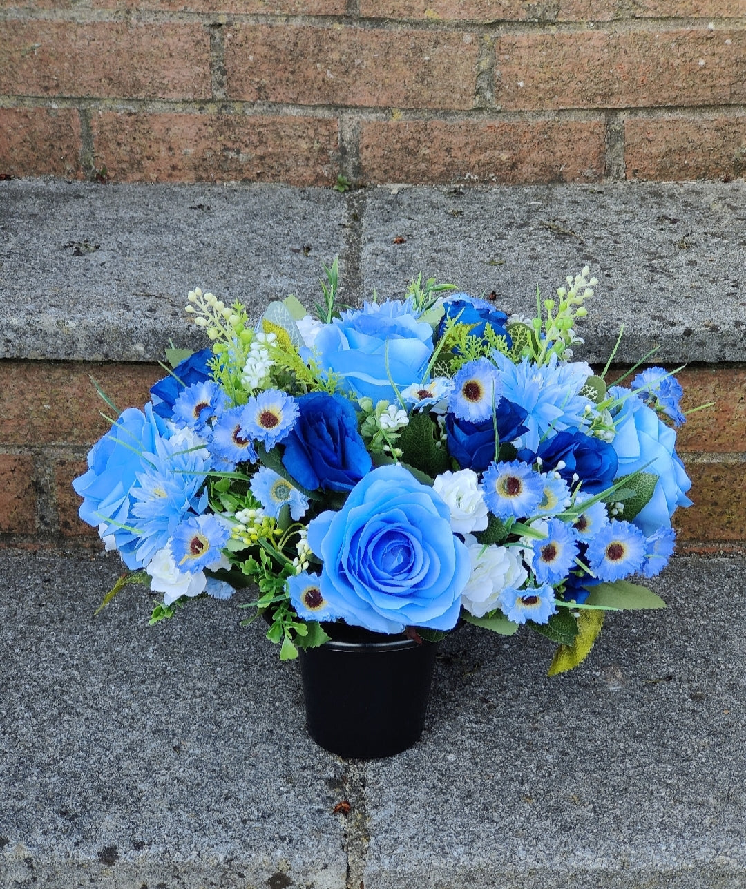 Blue Artificial Flower Grave Pot Free P&P