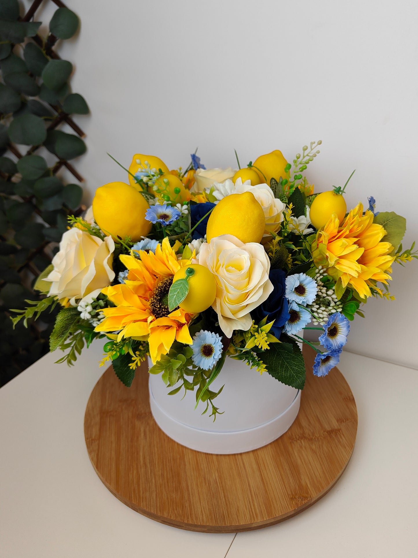 Almafi Inspired Sunflower Lemon Artificial Hat Box Flower Arrangement Free P&P