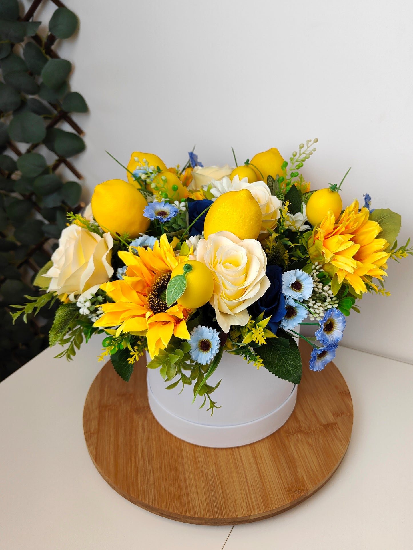 Almafi Inspired Sunflower Lemon Artificial Hat Box Flower Arrangement Free P&P