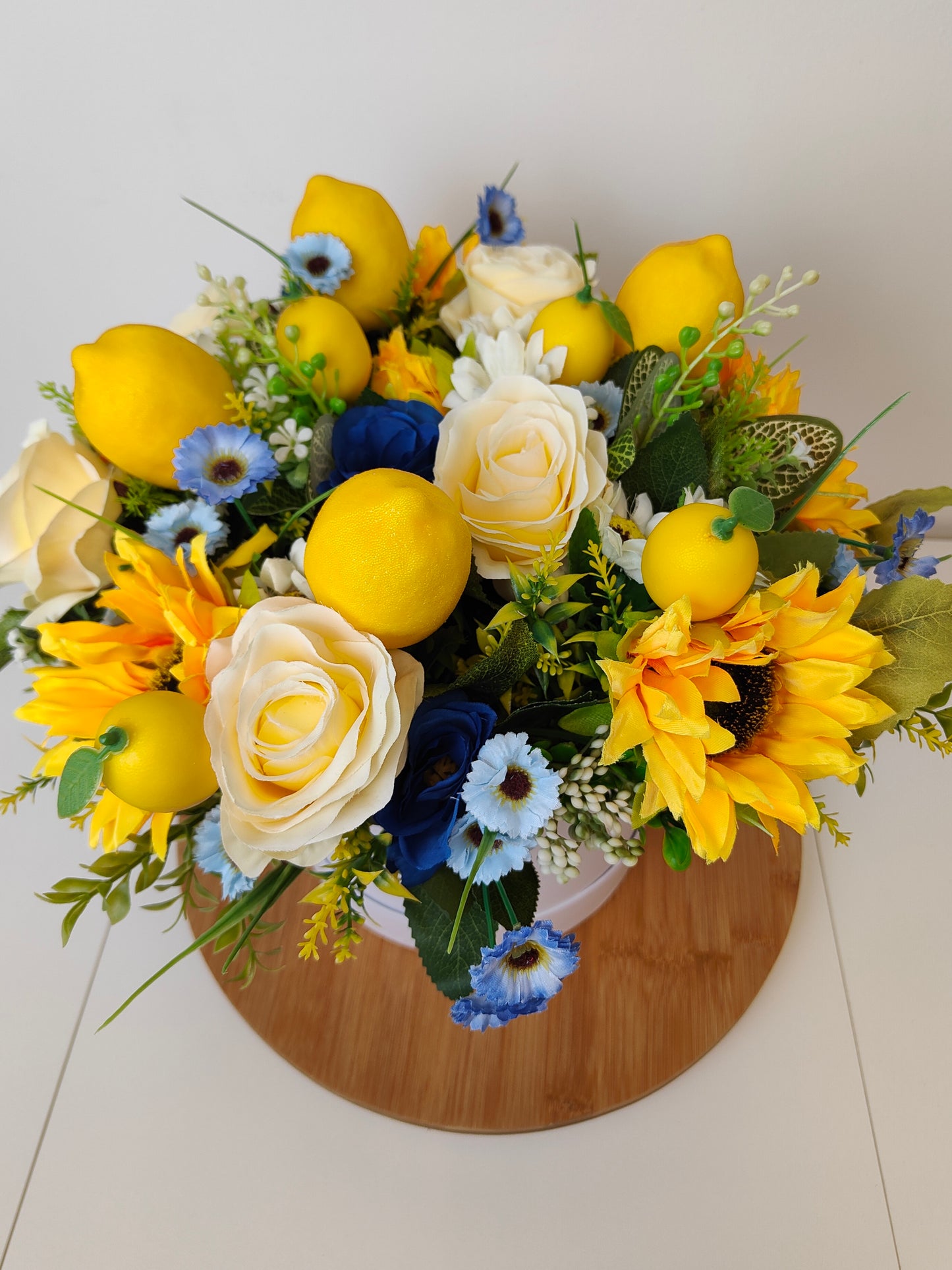 Almafi Inspired Sunflower Lemon Artificial Hat Box Flower Arrangement Free P&P