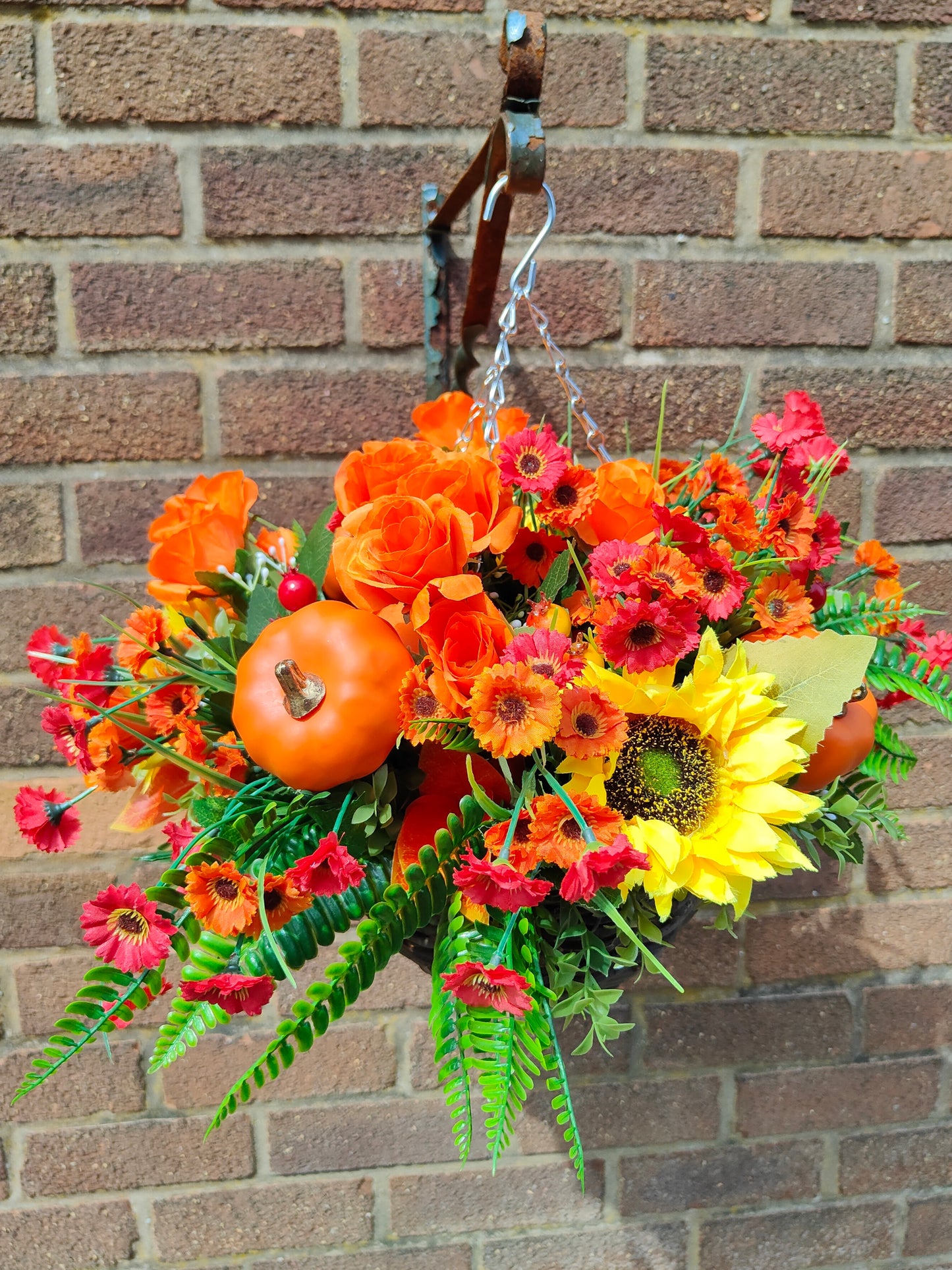 Sunflower Pumpkin Artificial Flower Hanging Basket 10 inch