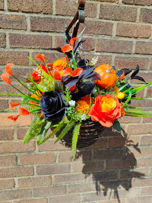 Witchy Artificial Flower Hanging Basket – Orange & Black with Pumpkins 10 inch