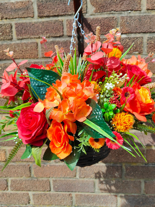 Autumn Red Orange Colours Artificial Flower Hanging Basket 10 inch