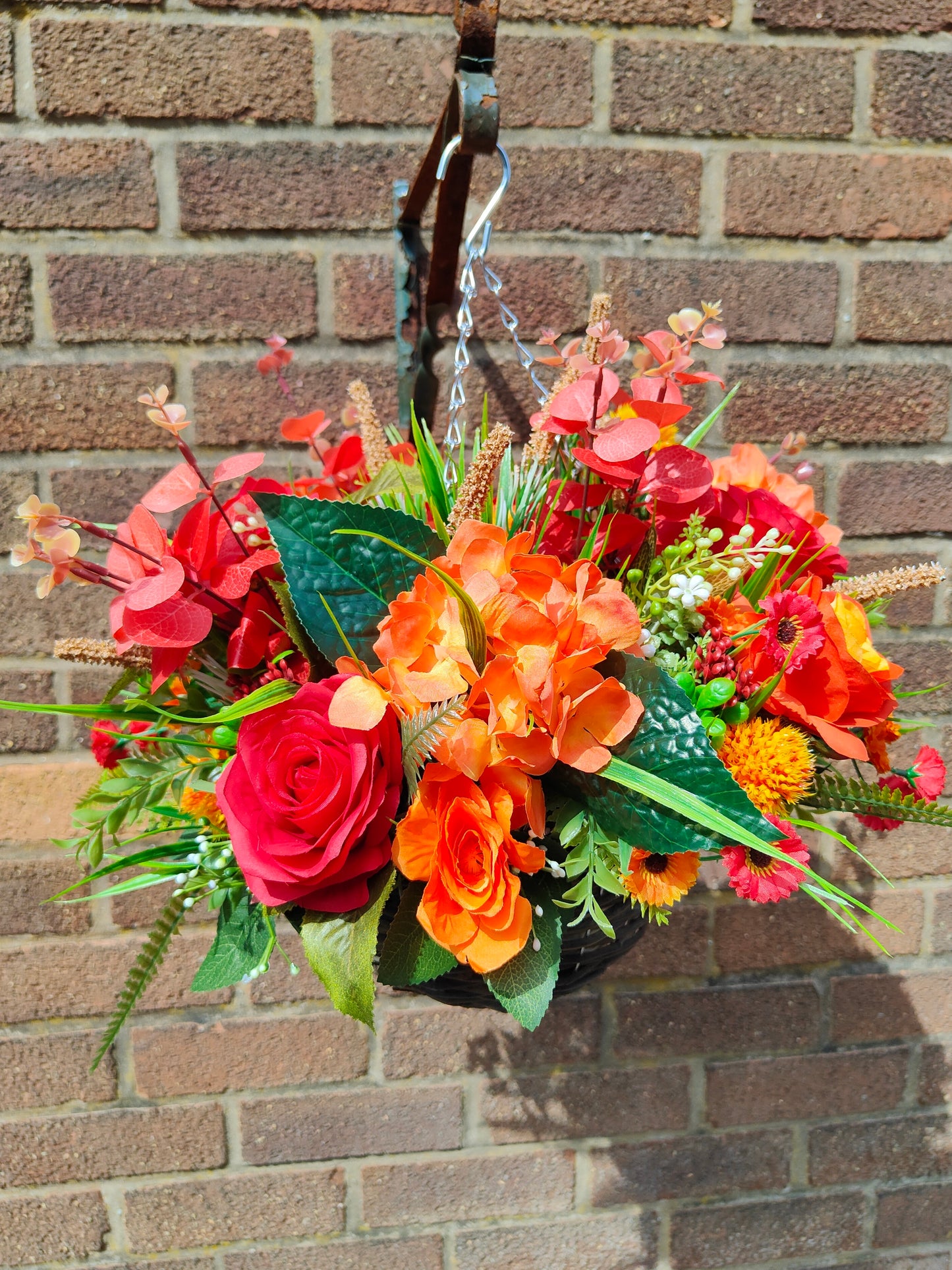 Autumn Red Orange Colours Artificial Flower Hanging Basket 10 inch