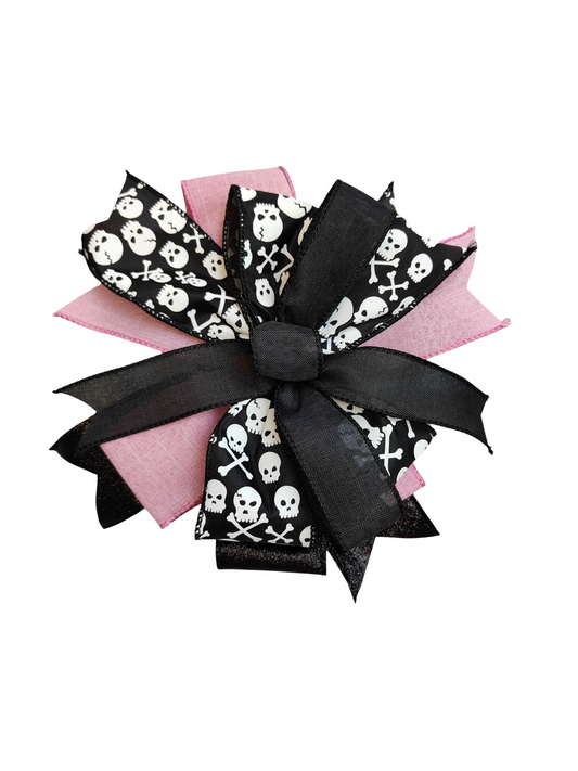 Black Pink Skull Halloween Bow 10 inch No Tails