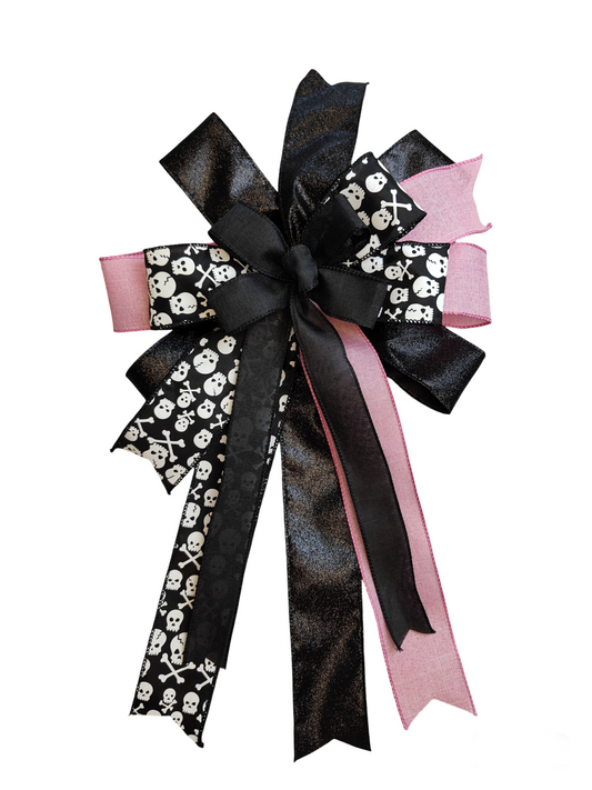 Black Pink Skull Halloween Bow 14 Inch