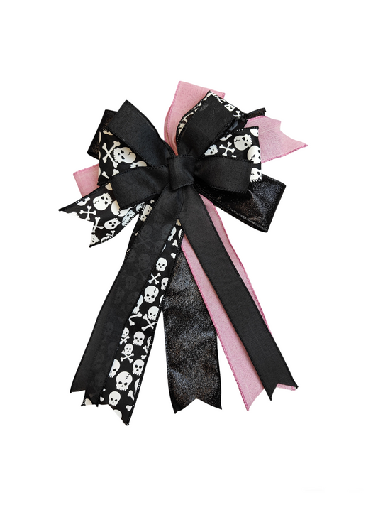 Black Pink Skull Halloween Bow 10 inch With Tails