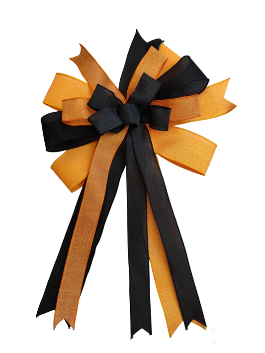 Black and Orange Halloween Bow 10 inch With Tails