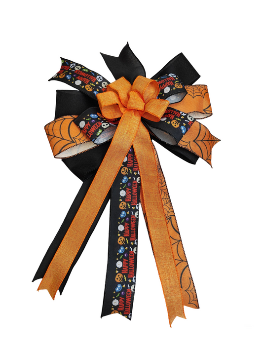 Black Orange Halloween Bow 10 inch With Tails
