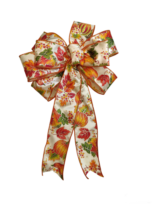 Autumn Leaves Pumpkin Satin Gold Bow Wreath