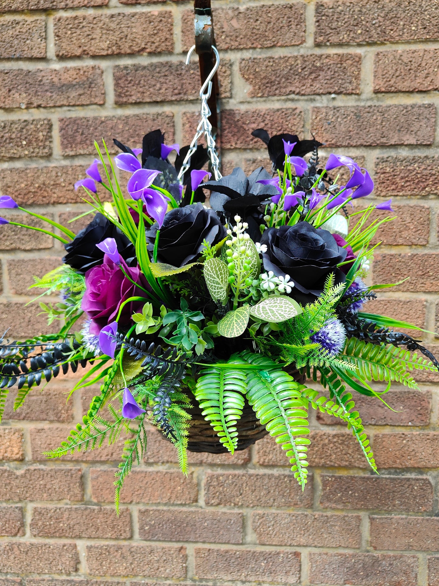 Witchy Artificial Flower Hanging Basket – Purple & Black 10 inch