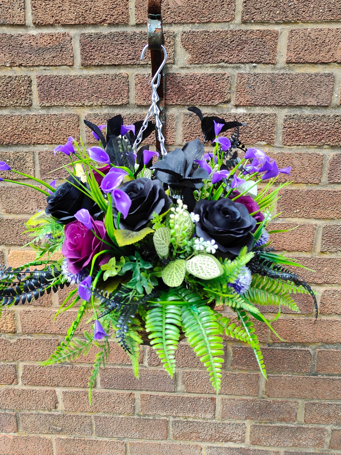 Witchy Artificial Flower Hanging Basket – Purple & Black 10 inch