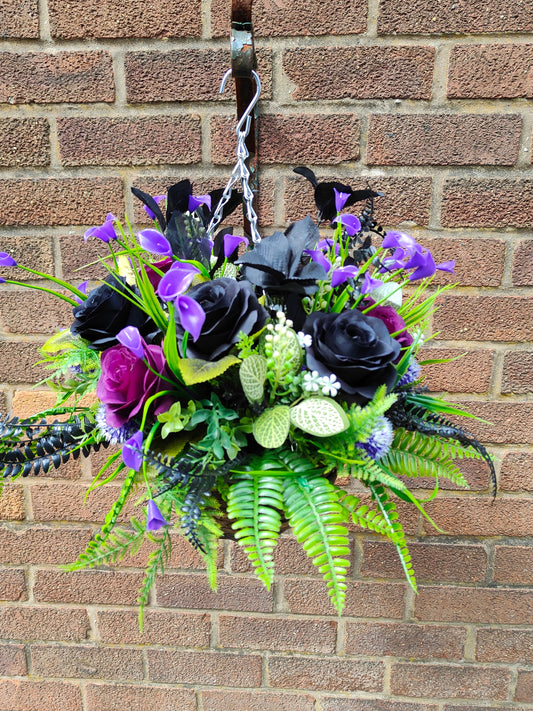 Witchy Artificial Flower Hanging Basket – Purple & Black 10 inch
