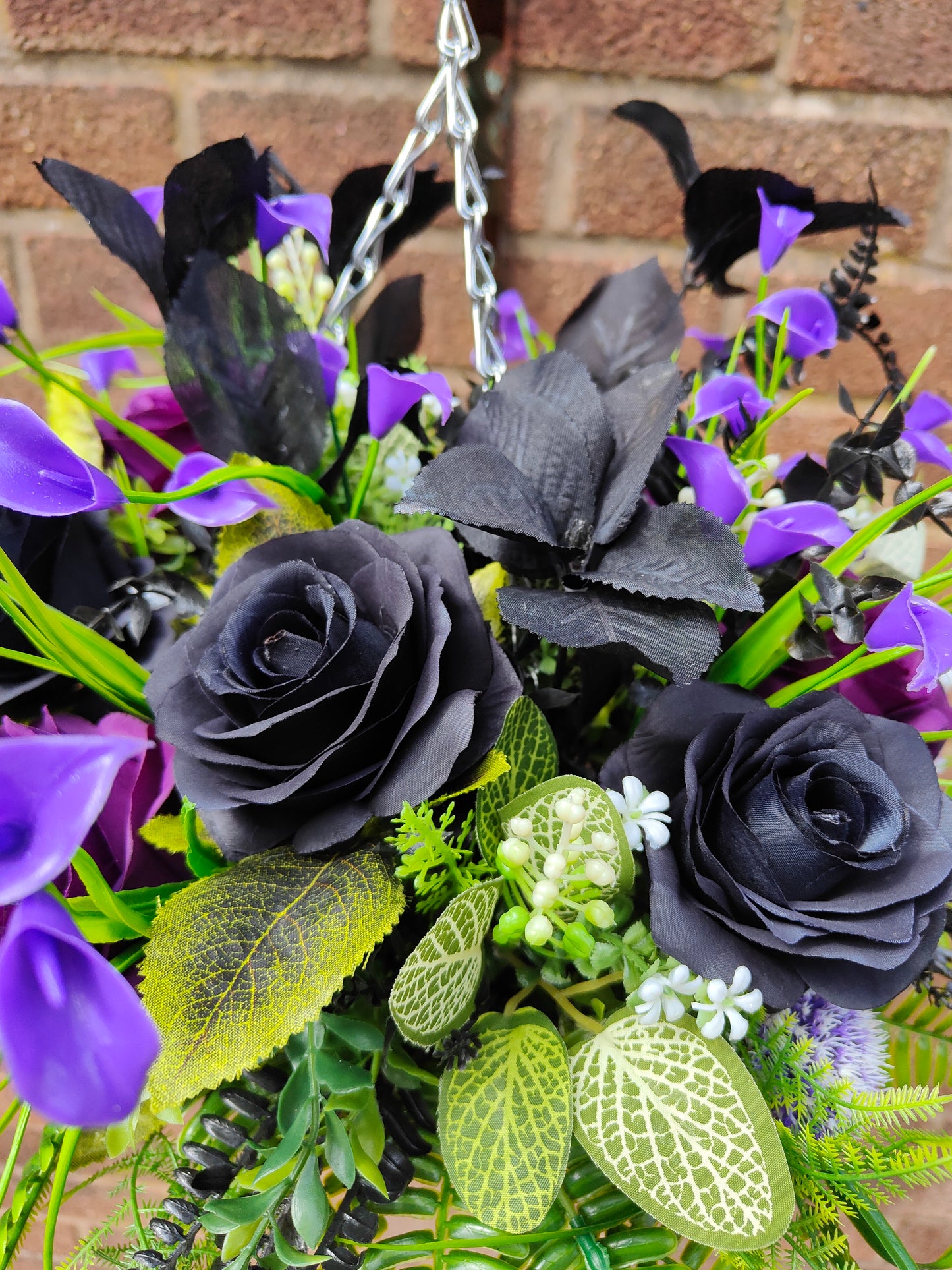 Witchy Artificial Flower Hanging Basket – Purple & Black 10 inch