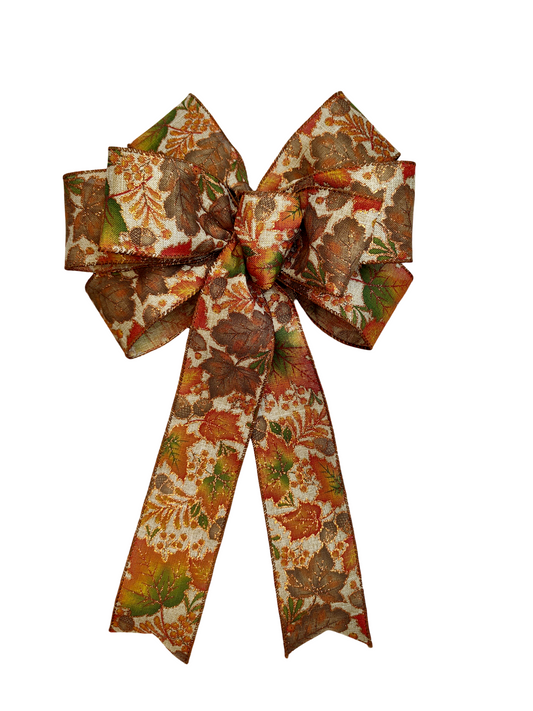 Brown Orange Autumn Leaves Bow 10 inch With Tails