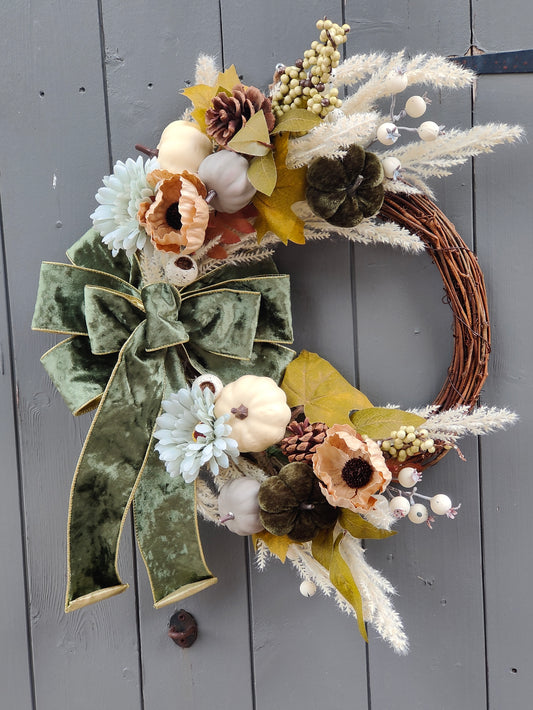 Boho Pumpkin Velvet Bow  Artificial Flower Wreath