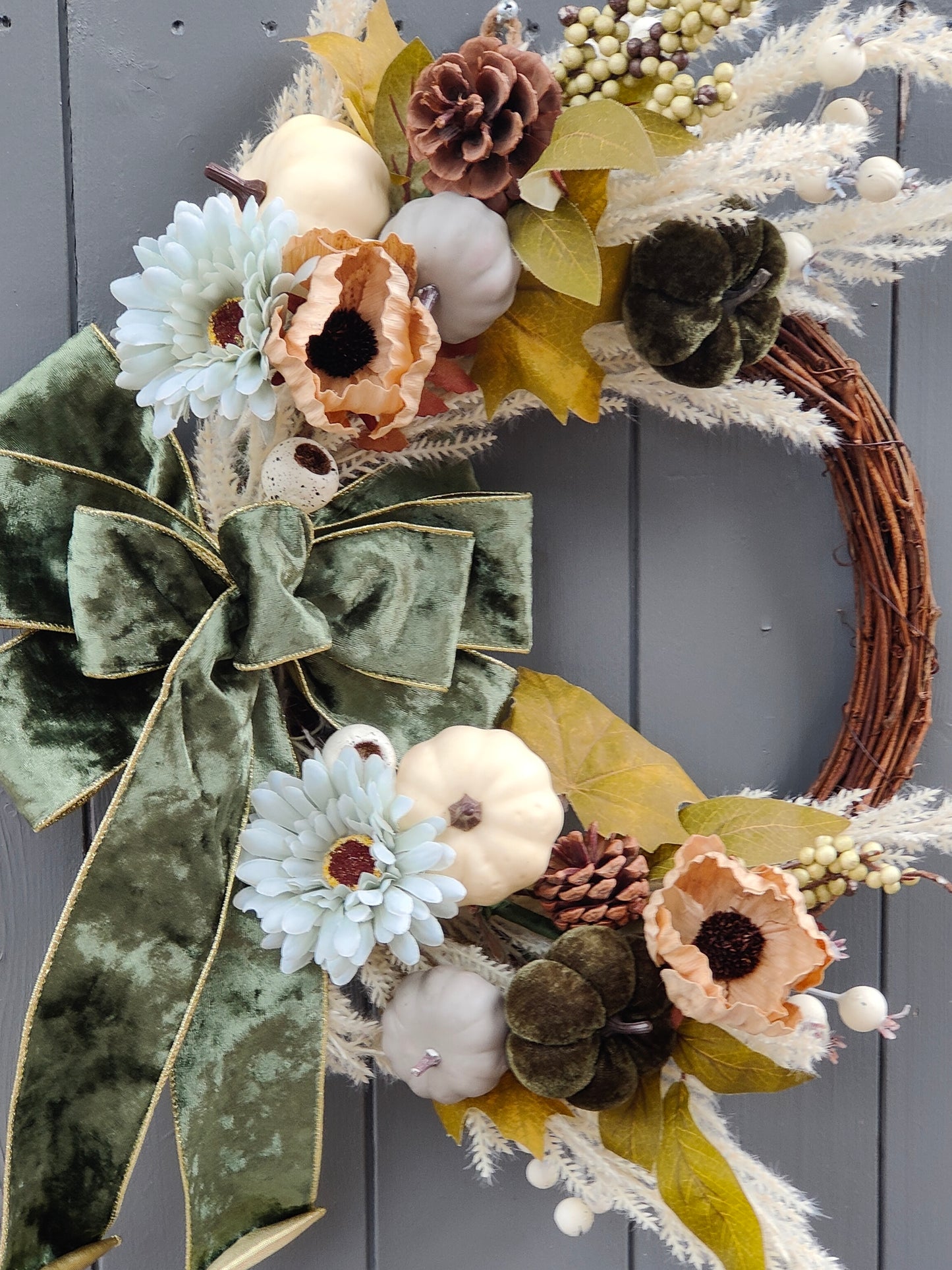 Boho Pumpkin Velvet Bow  Artificial Flower Wreath
