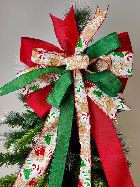Red Green Gingerbread Man Bow Christmas Topper 14 inch