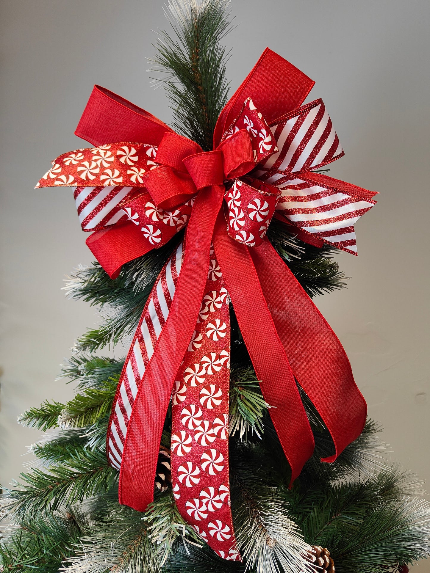 Red White Glitter Candy Cane Peppermint Bow Christmas Topper 14 inch