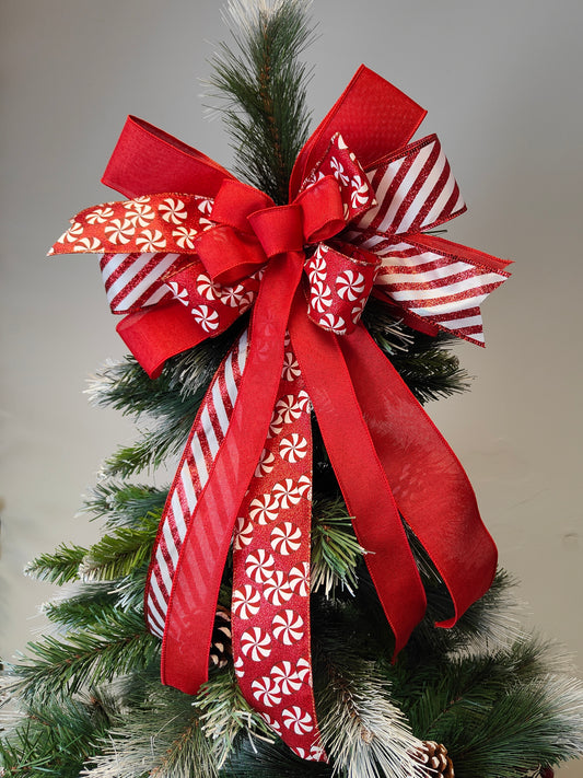 Red White Glitter Candy Cane Peppermint Bow Christmas Topper 14 inch