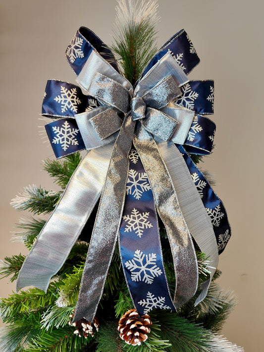Navy Blue Silver Christmas Tree Topper Bow 14 inch