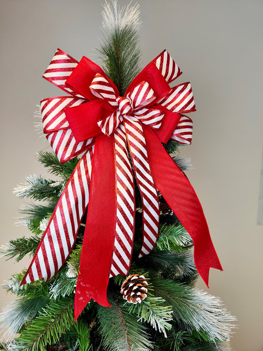 Red White Glitter Candy Cane Peppermint Bow Christmas Topper 14 inch