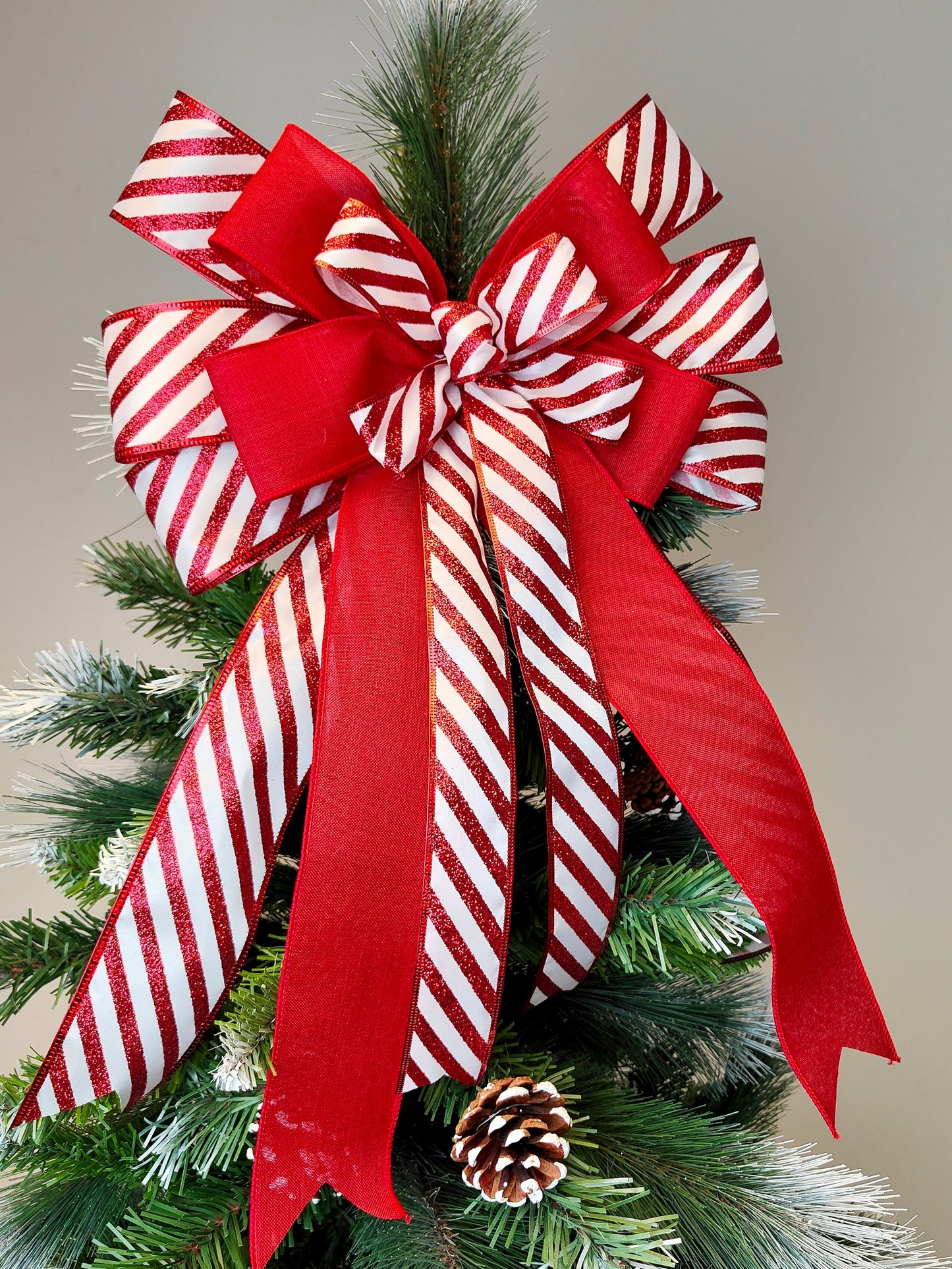 Red White Glitter Candy Cane Peppermint Bow Christmas Topper 14 inch