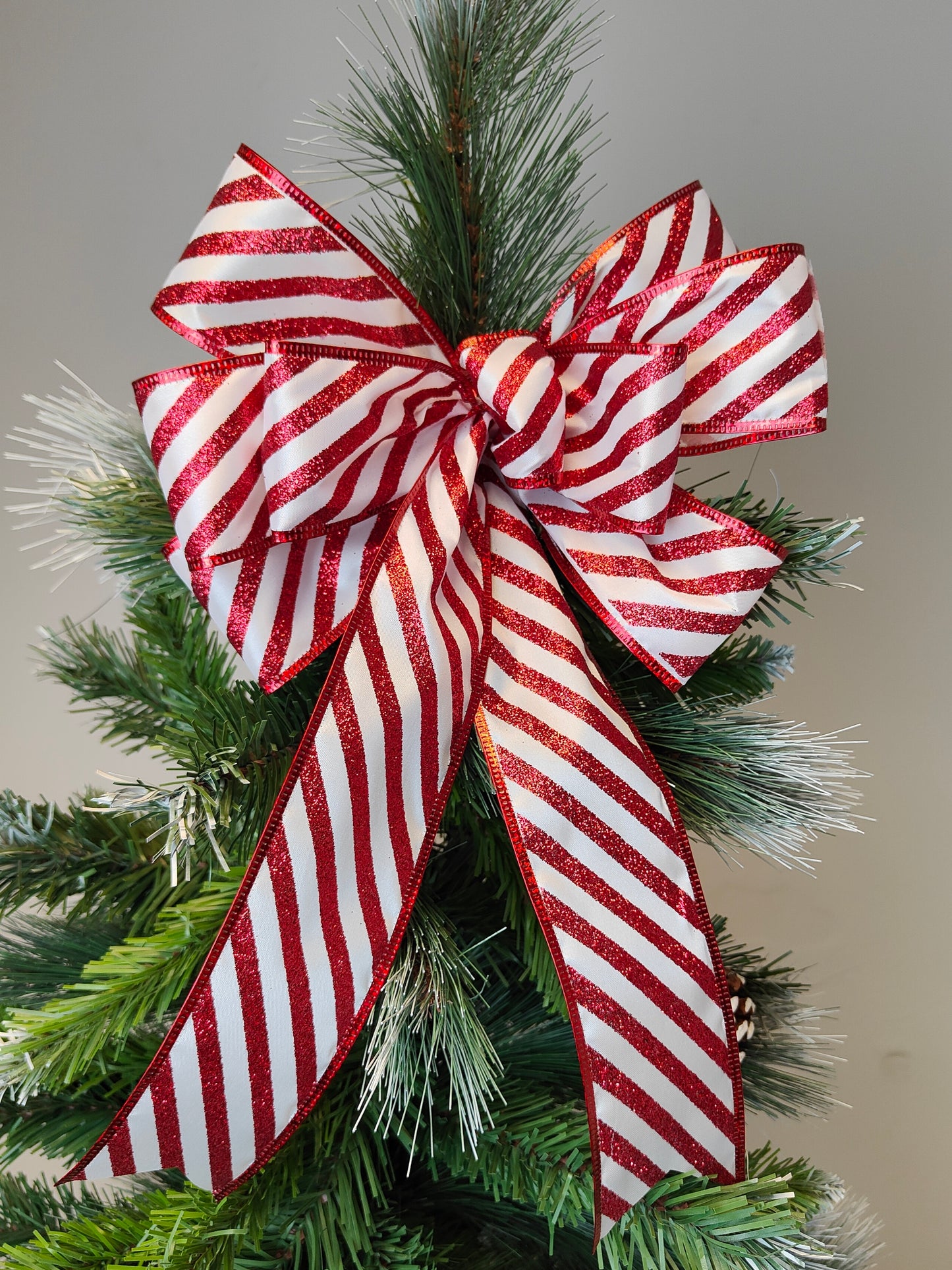 Red White Glitter Candy Cane Stripe Bow 10 inch