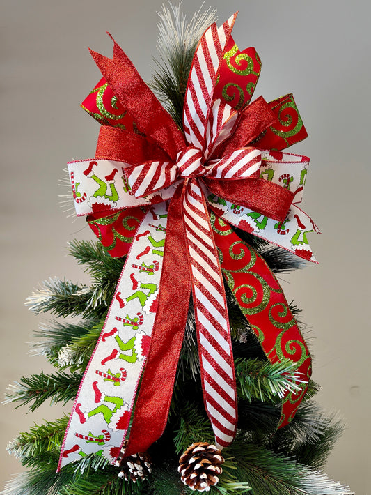 Red Glitter Christmas Green Monster Tree Topper Bow 14 inch