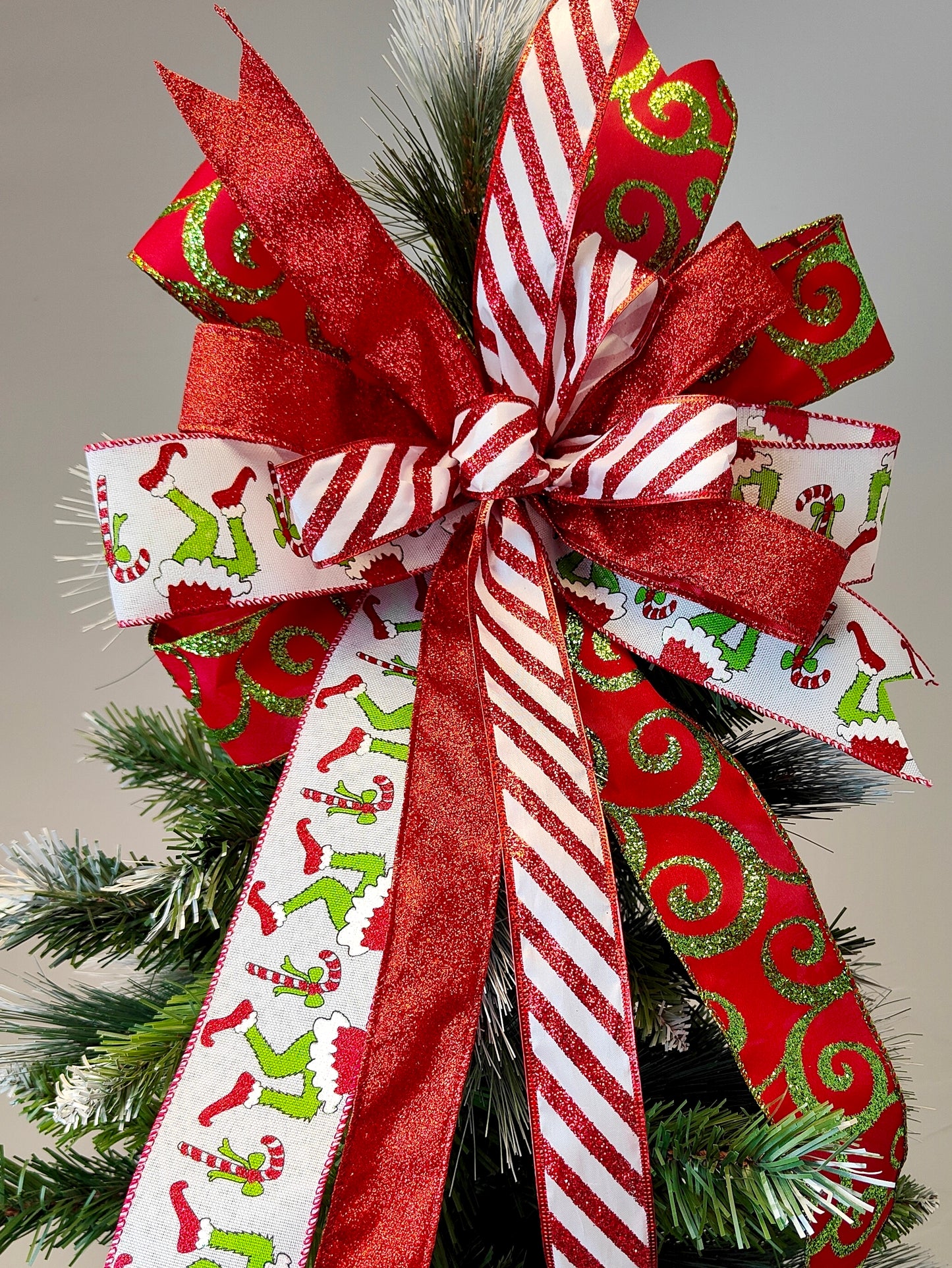 Red Glitter Christmas Green Monster Tree Topper Bow 14 inch