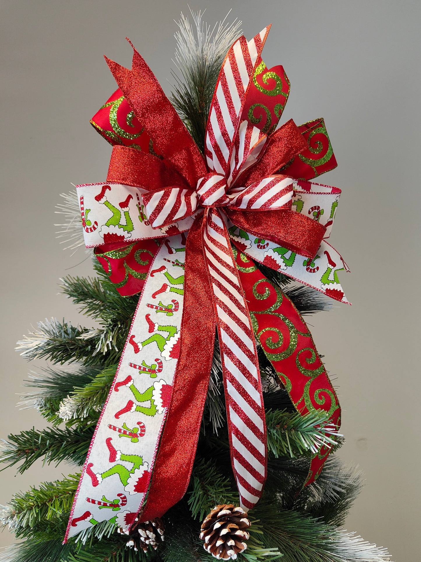 Red Glitter Christmas Green Monster Tree Topper Bow 14 inch