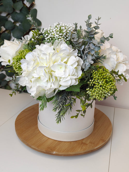 Cream Hydrgenga Artificial Flower Hat Box Arrangement Large