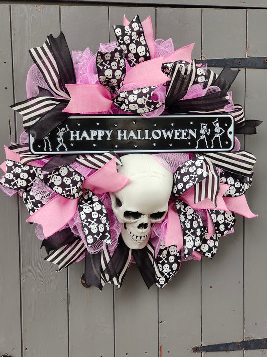 Black Pink Skeleton Halloween Wreath