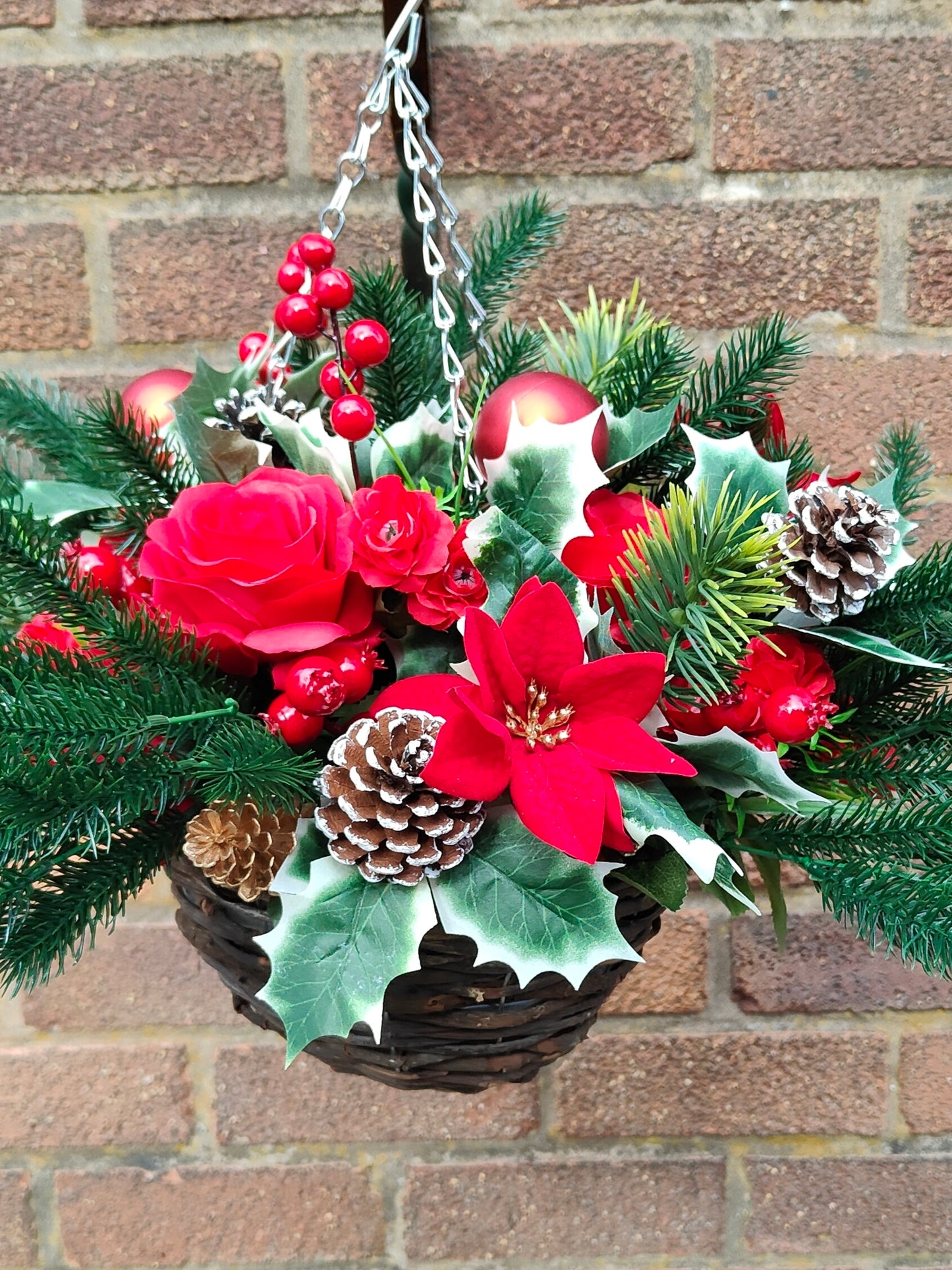 Red Poinsettia Artificial Flower with Holly Hanging Basket 10 inch