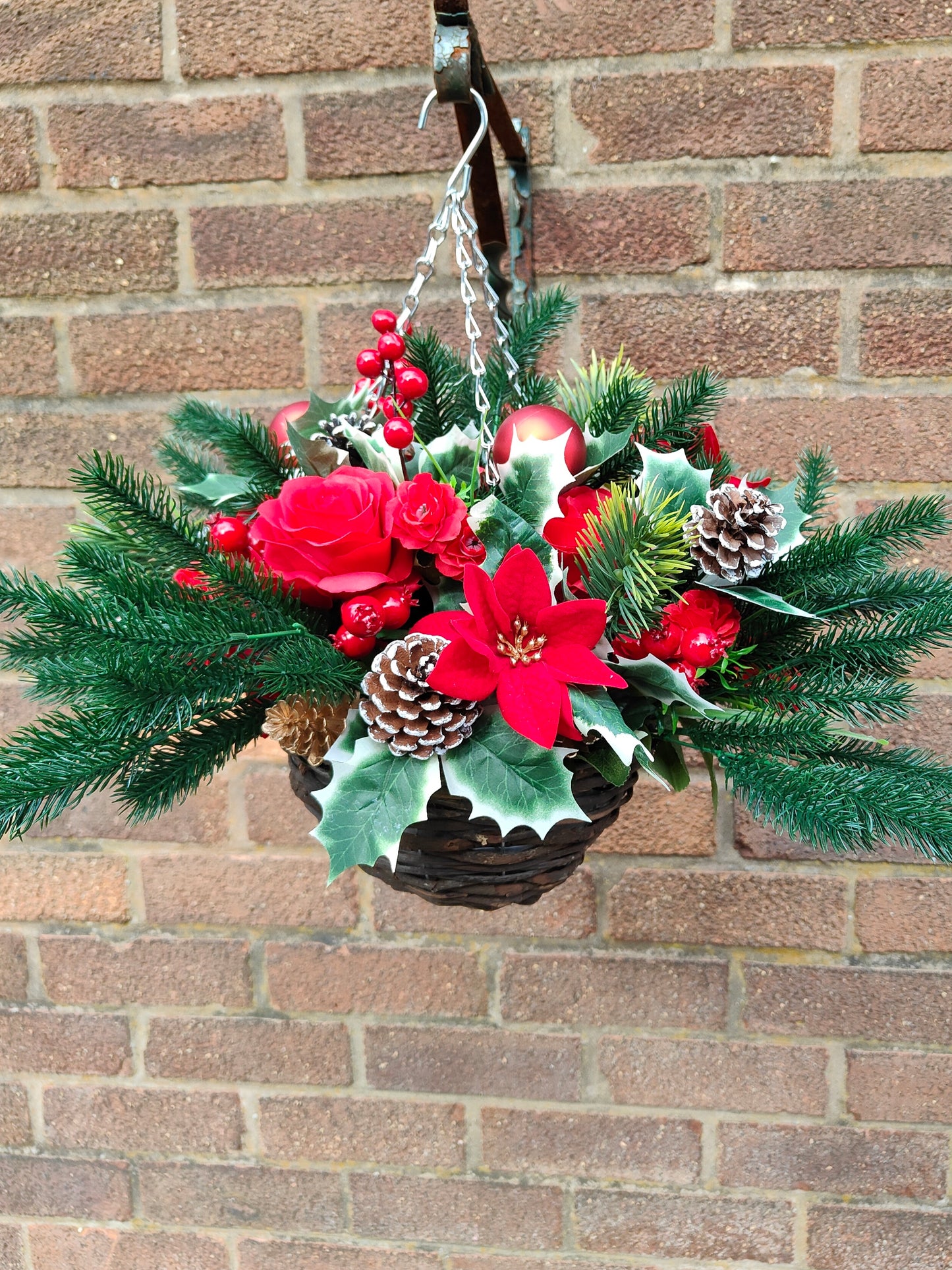 Red Poinsettia Artificial Flower with Holly Hanging Basket 10 inch