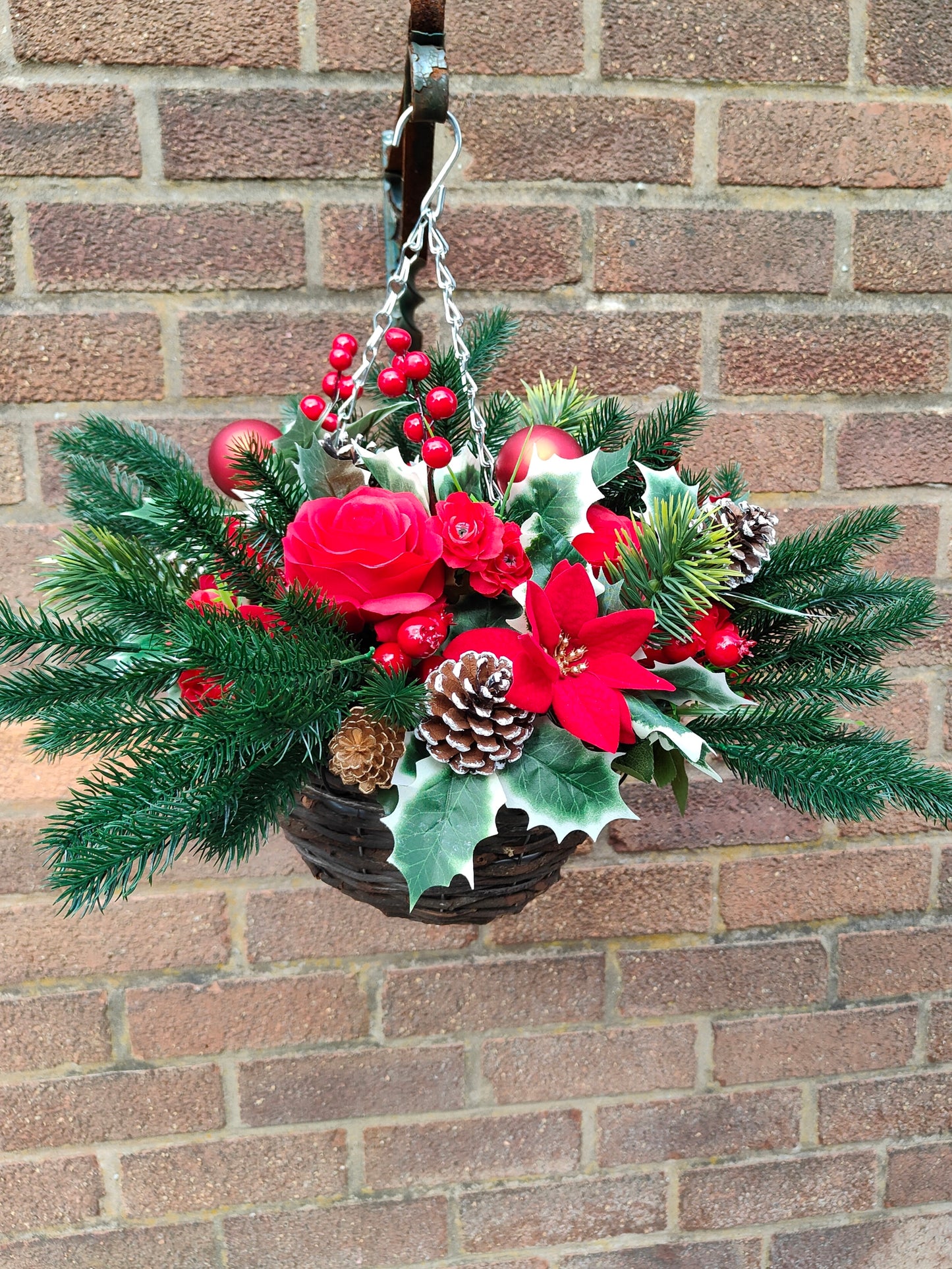 Red Poinsettia Artificial Flower with Holly Hanging Basket 10 inch