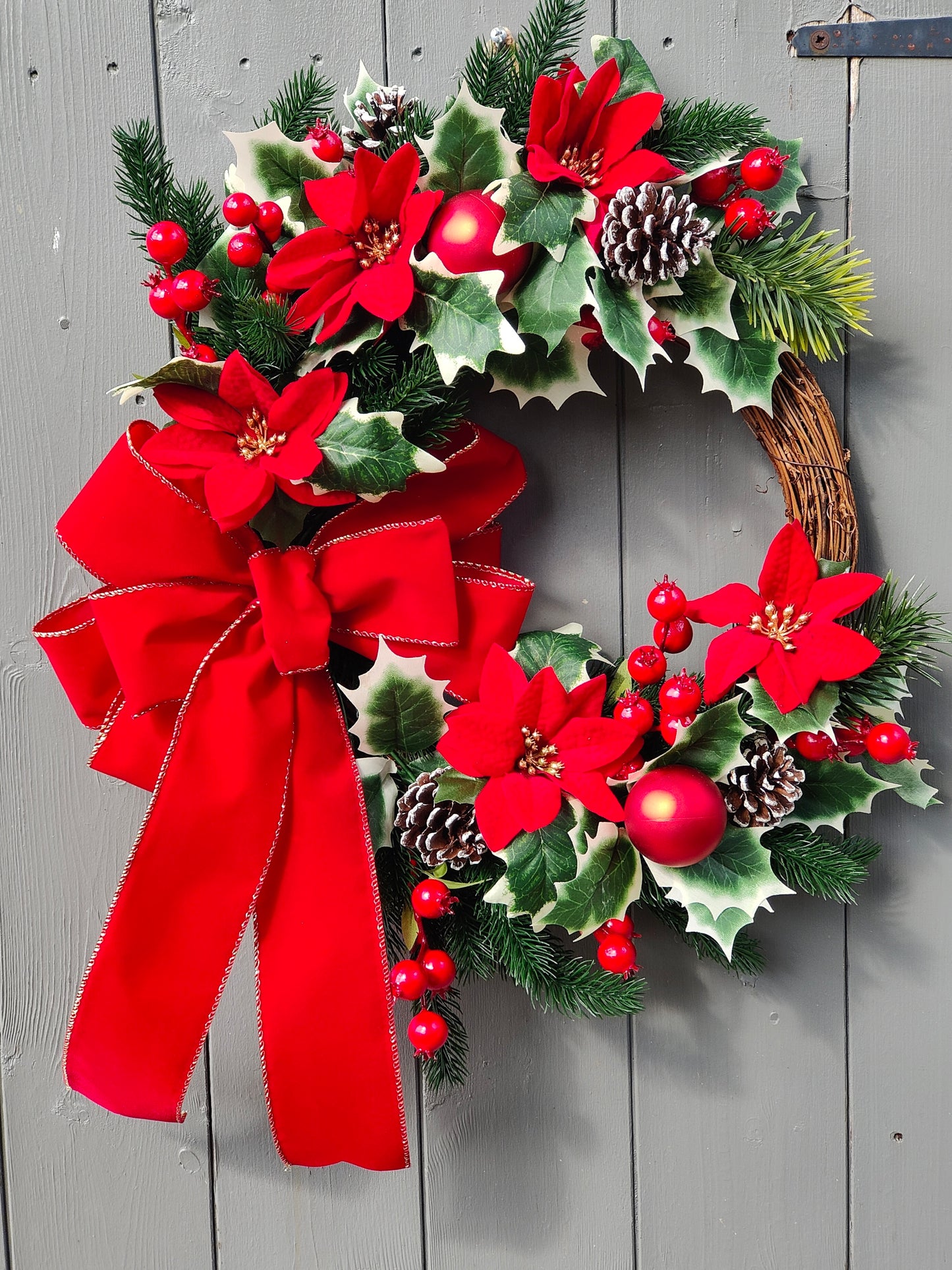 Red Poinsettia Holly Baubles Bow Artificial Flower Wreath
