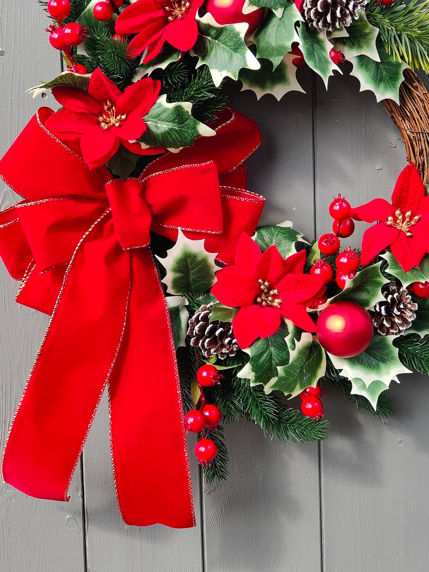 Red Poinsettia Holly Baubles Bow Artificial Flower Wreath