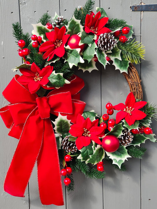 Red Poinsettia Holly Baubles Bow Artificial Flower Wreath