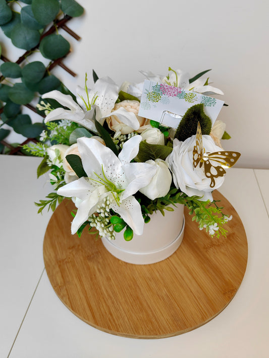 Artificial Lily & Rose Hat Box – Bereavement / Sympathy Arrangement