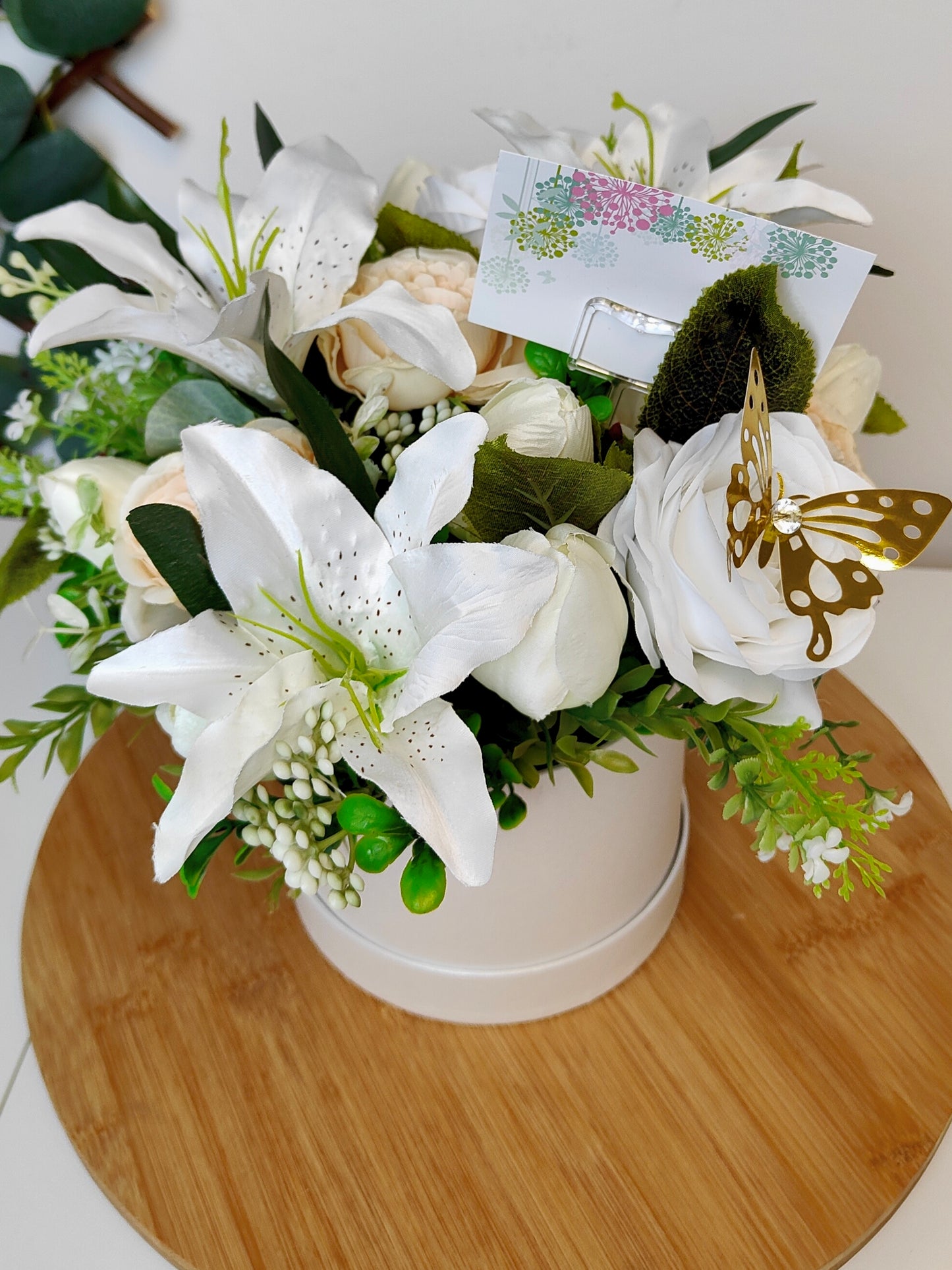 Artificial Lily & Rose Hat Box – Bereavement / Sympathy Arrangement