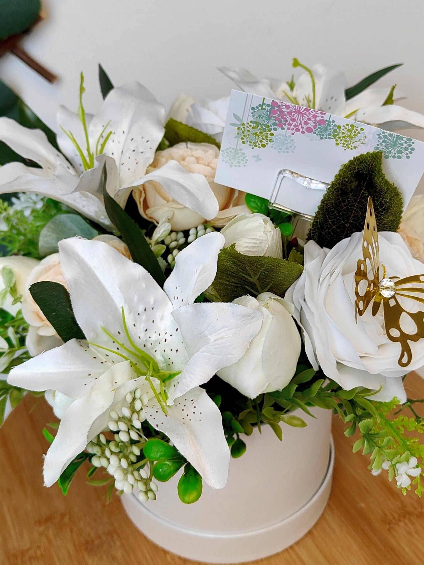 Artificial Lily & Rose Hat Box – Bereavement / Sympathy Arrangement